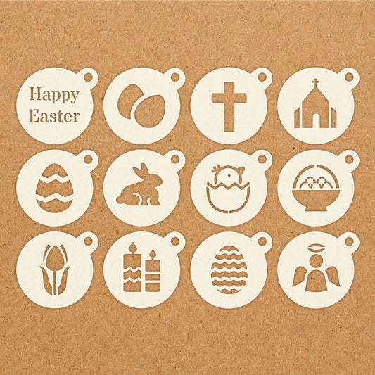 Easter Coffee Duster Stencils for Latte, Cappuccino, Hot Chocolate, Tea, Barista, Bunny, Egg, Spring - Reusable Washable Mylar Stencils