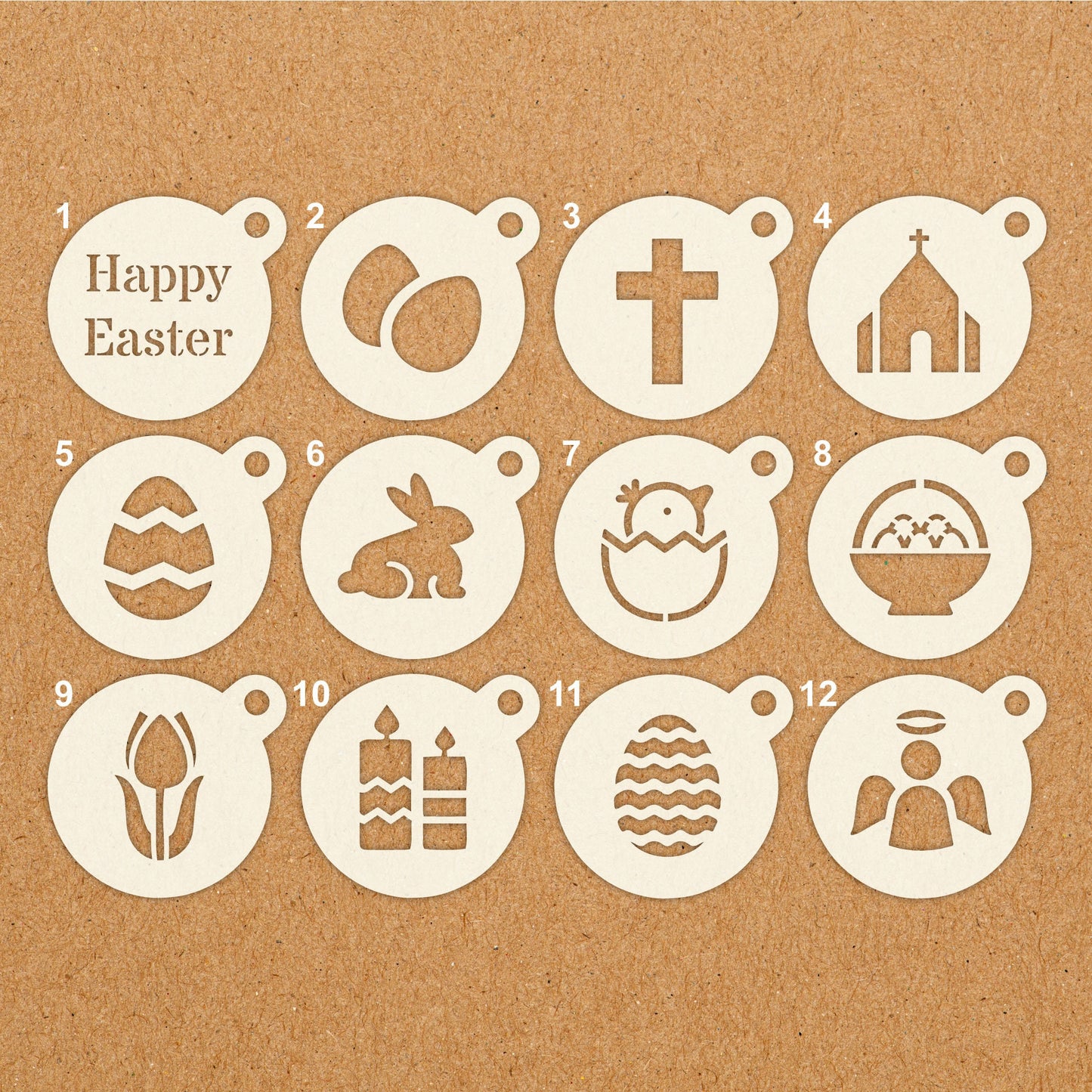 Easter Coffee Duster Stencils for Latte, Cappuccino, Hot Chocolate, Tea, Barista, Bunny, Egg, Spring - Reusable Washable Mylar Stencils