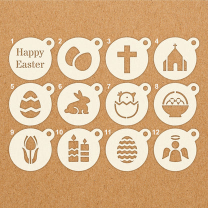 Easter Coffee Duster Stencils for Latte, Cappuccino, Hot Chocolate, Tea, Barista, Bunny, Egg, Spring - Reusable Washable Mylar Stencils